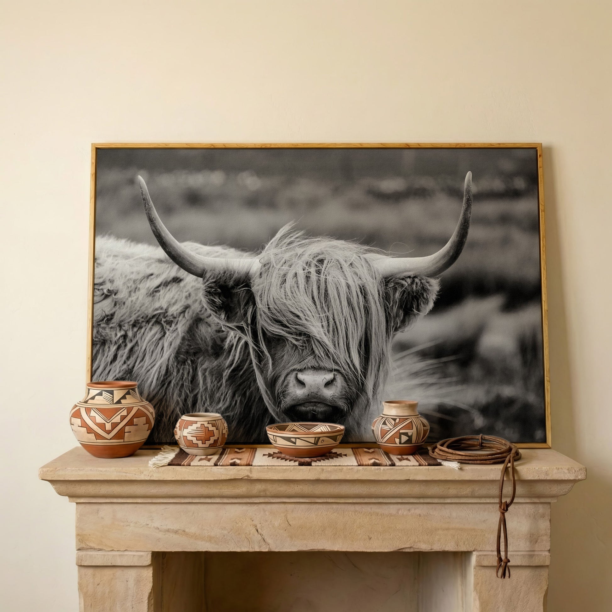 Highland Cow Close-Up Canvas Wall Art, Landscape Portrait in white oak floating frame