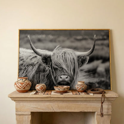 Highland Cow Close-Up Canvas Wall Art, Landscape Portrait in white oak floating frame