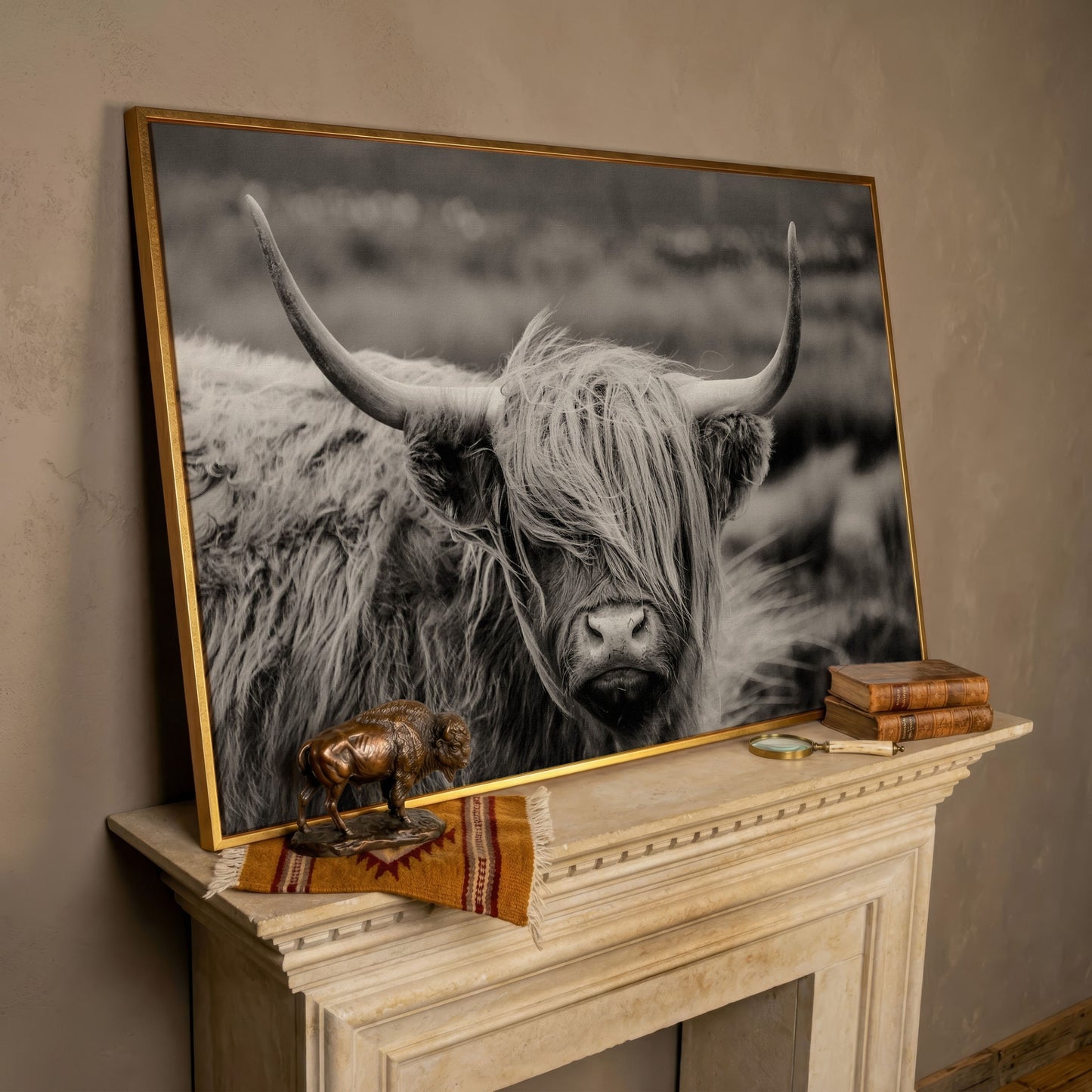 Highland Cow Close-Up Canvas Wall Art, Landscape Portrait in rose gold floating frame