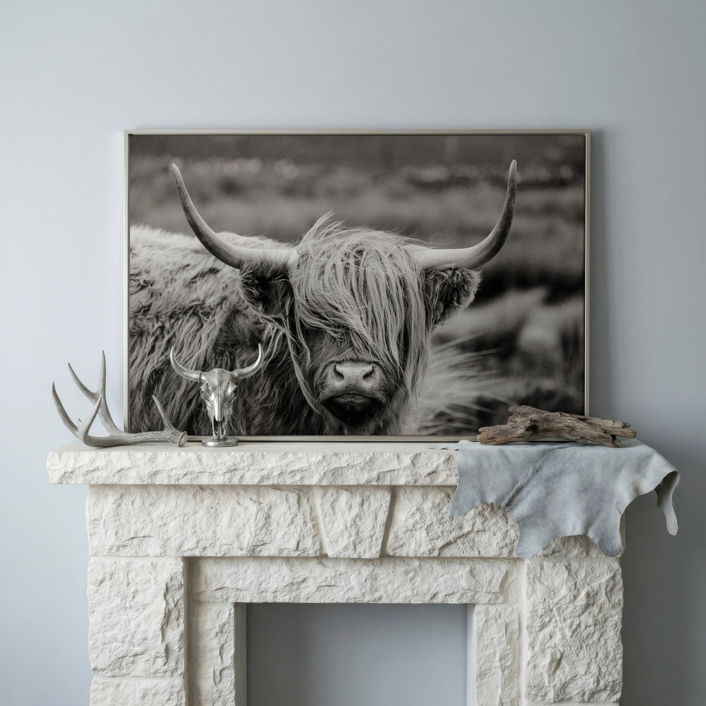Highland Cow Close-Up Canvas Wall Art, Landscape Portrait in silver floating frame