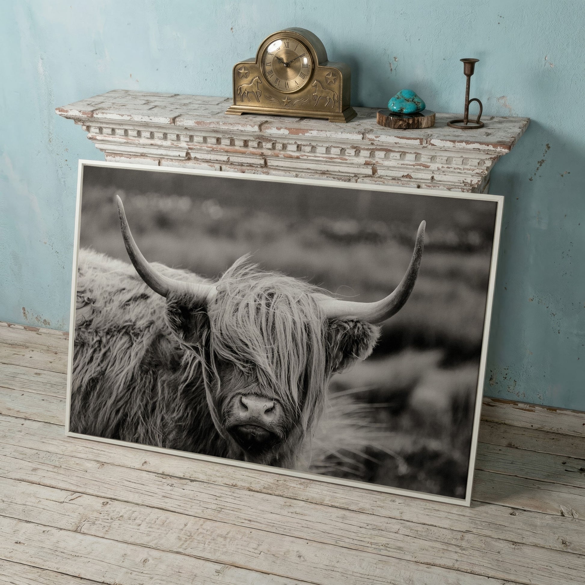 Highland Cow Close-Up Canvas Wall Art, Landscape Portrait in white floating frame