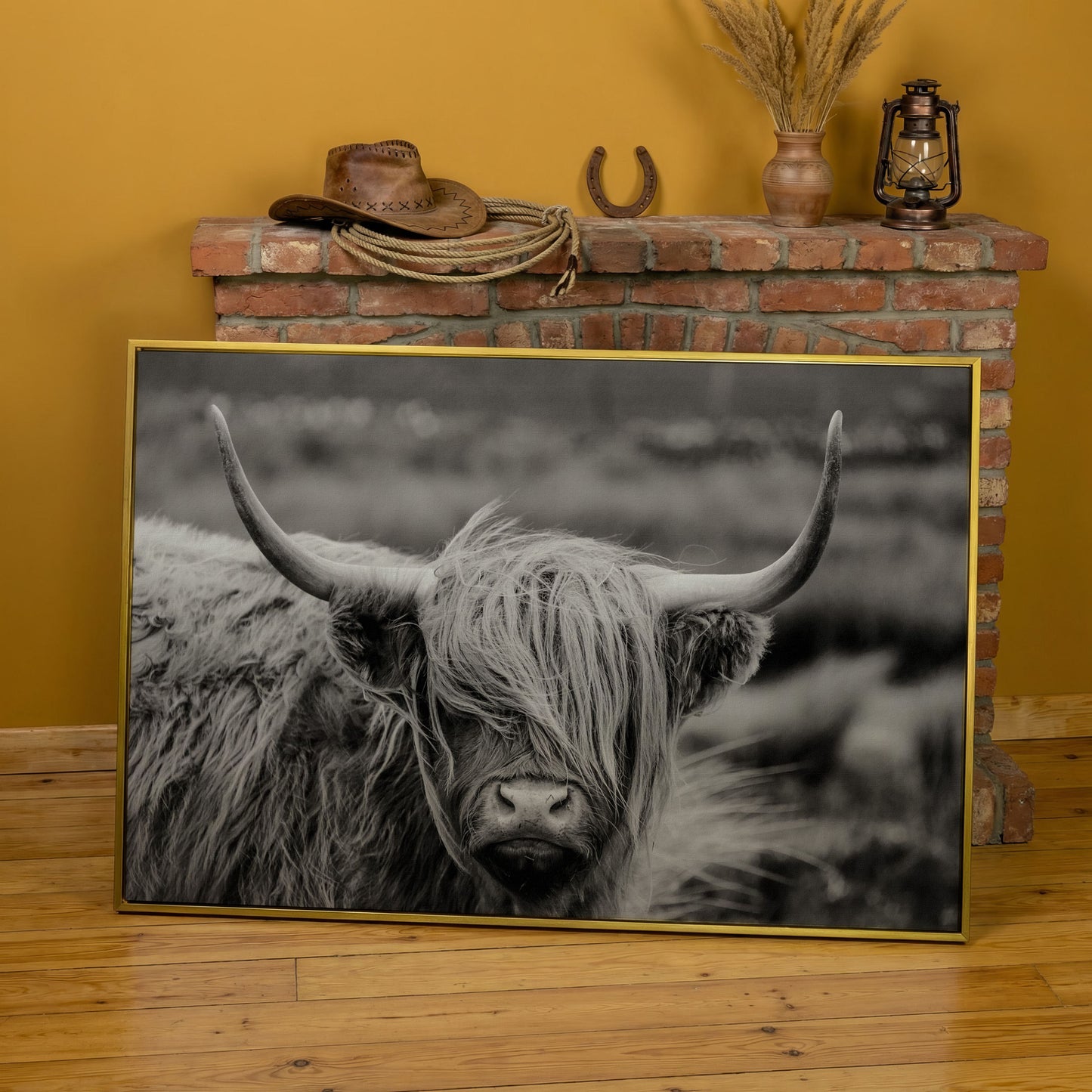Highland Cow Close-Up Canvas Wall Art, Landscape Portrait in yellow gold floating frame