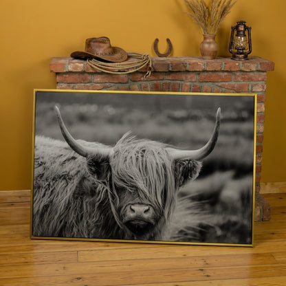 Highland Cow Close-Up Canvas Wall Art, Landscape Portrait in yellow gold floating frame