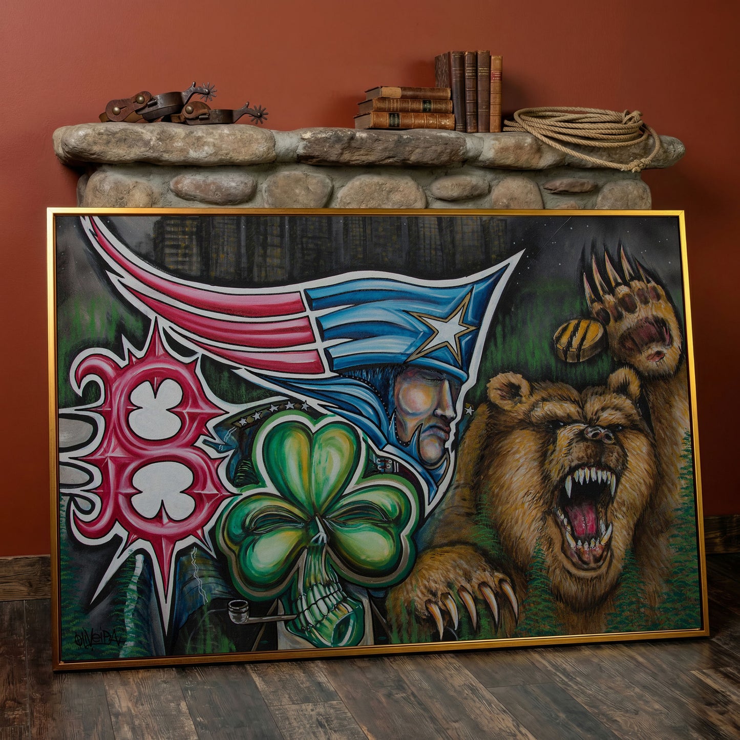 New England Patriots Surrealist Canvas Art with Bear and Flag in antique gold floating frame