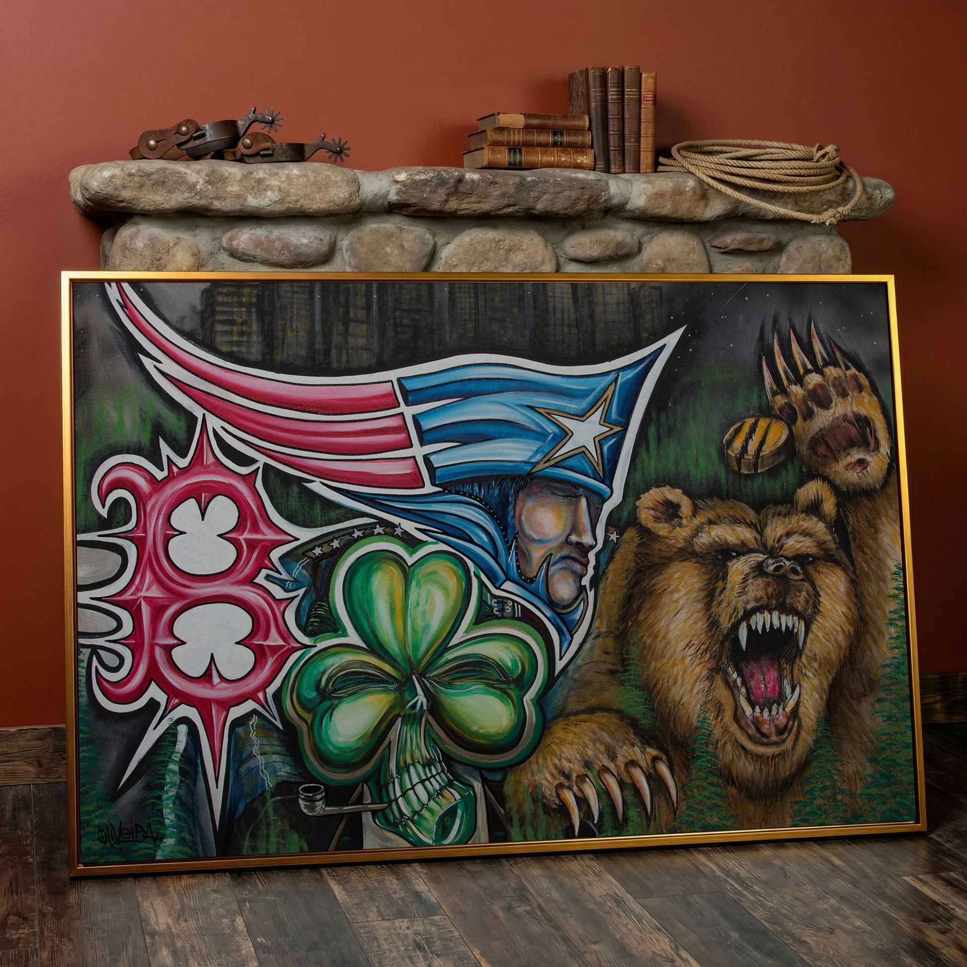New England Patriots Surrealist Canvas Art with Bear and Flag in antique gold floating frame