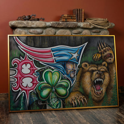 New England Patriots Surrealist Canvas Art with Bear and Flag in antique gold floating frame