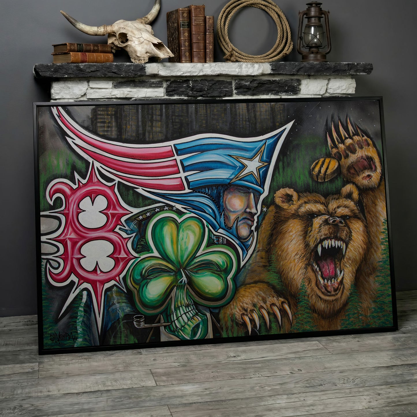 New England Patriots Surrealist Canvas Art with Bear and Flag in black floating frame