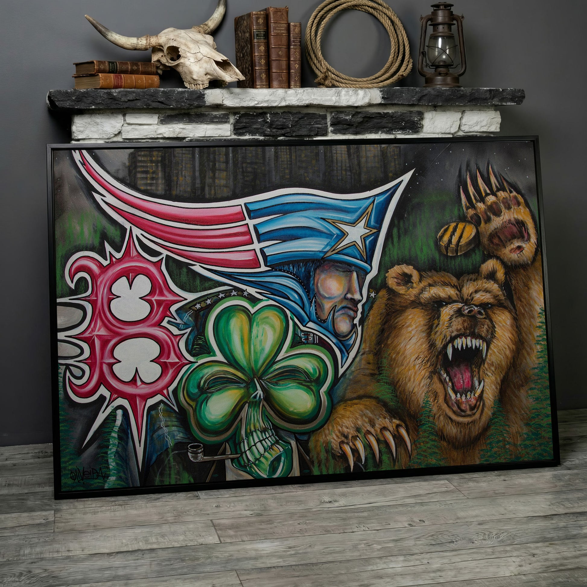 New England Patriots Surrealist Canvas Art with Bear and Flag in black floating frame
