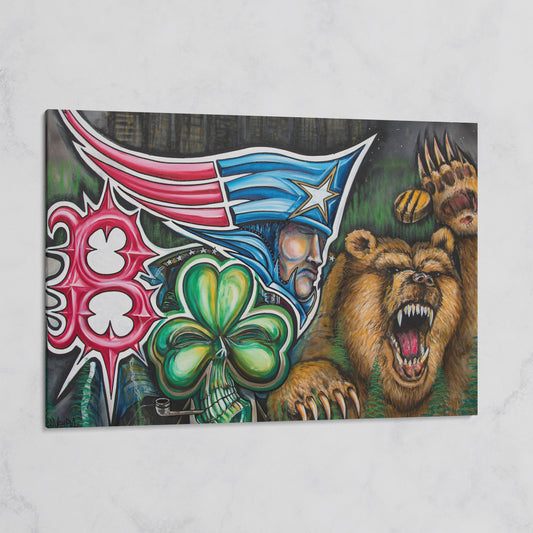New England Patriots Surrealist Canvas Art with Bear and Flag on gallery wrap