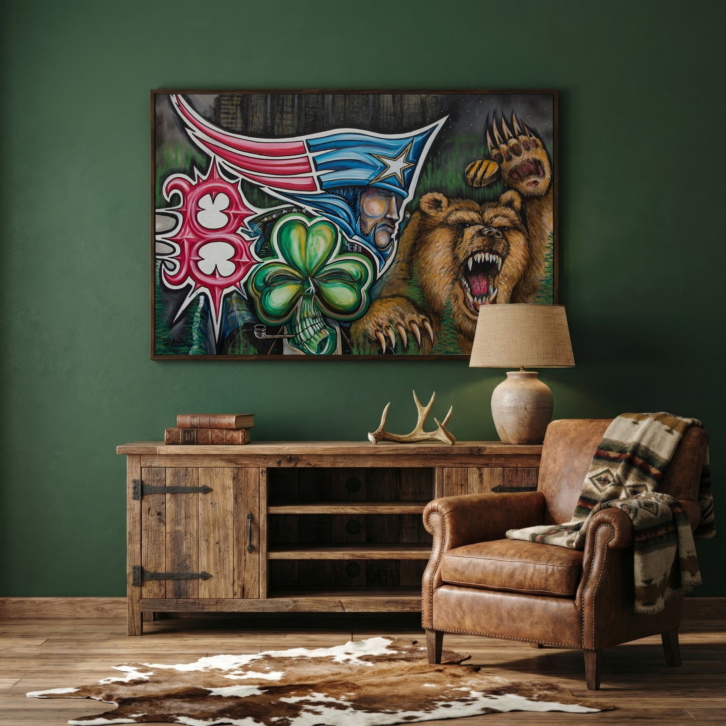 New England Patriots Surrealist Canvas Art with Bear and Flag in dark walnut floating frame