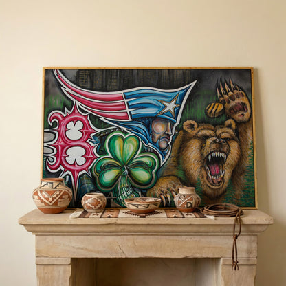 New England Patriots Surrealist Canvas Art with Bear and Flag in white oak floating frame