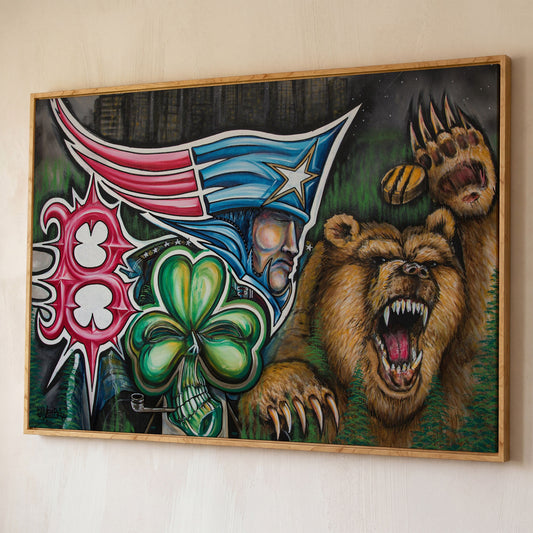 New England Patriots Surrealist Canvas Art with Bear and Flag shown in white oak floating frame