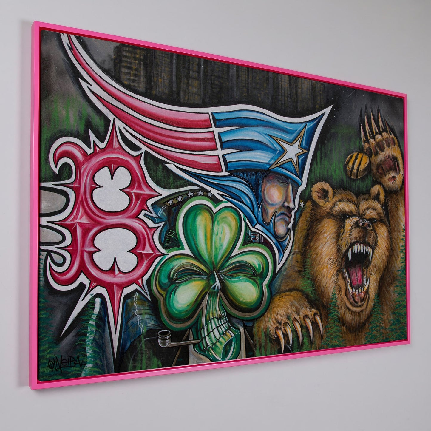 New England Patriots Surrealist Canvas Art with Bear and Flag in pink floating frame