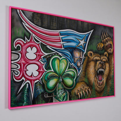 New England Patriots Surrealist Canvas Art with Bear and Flag in pink floating frame