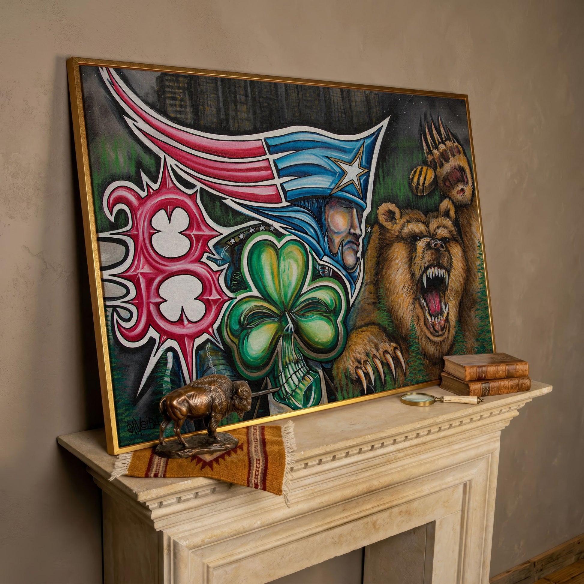 New England Patriots Surrealist Canvas Art with Bear and Flag in rose gold floating frame