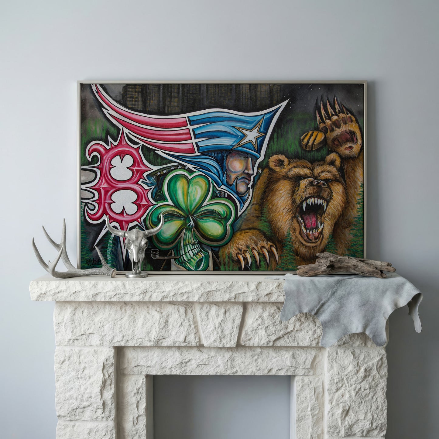 New England Patriots Surrealist Canvas Art with Bear and Flag in silver floating frame