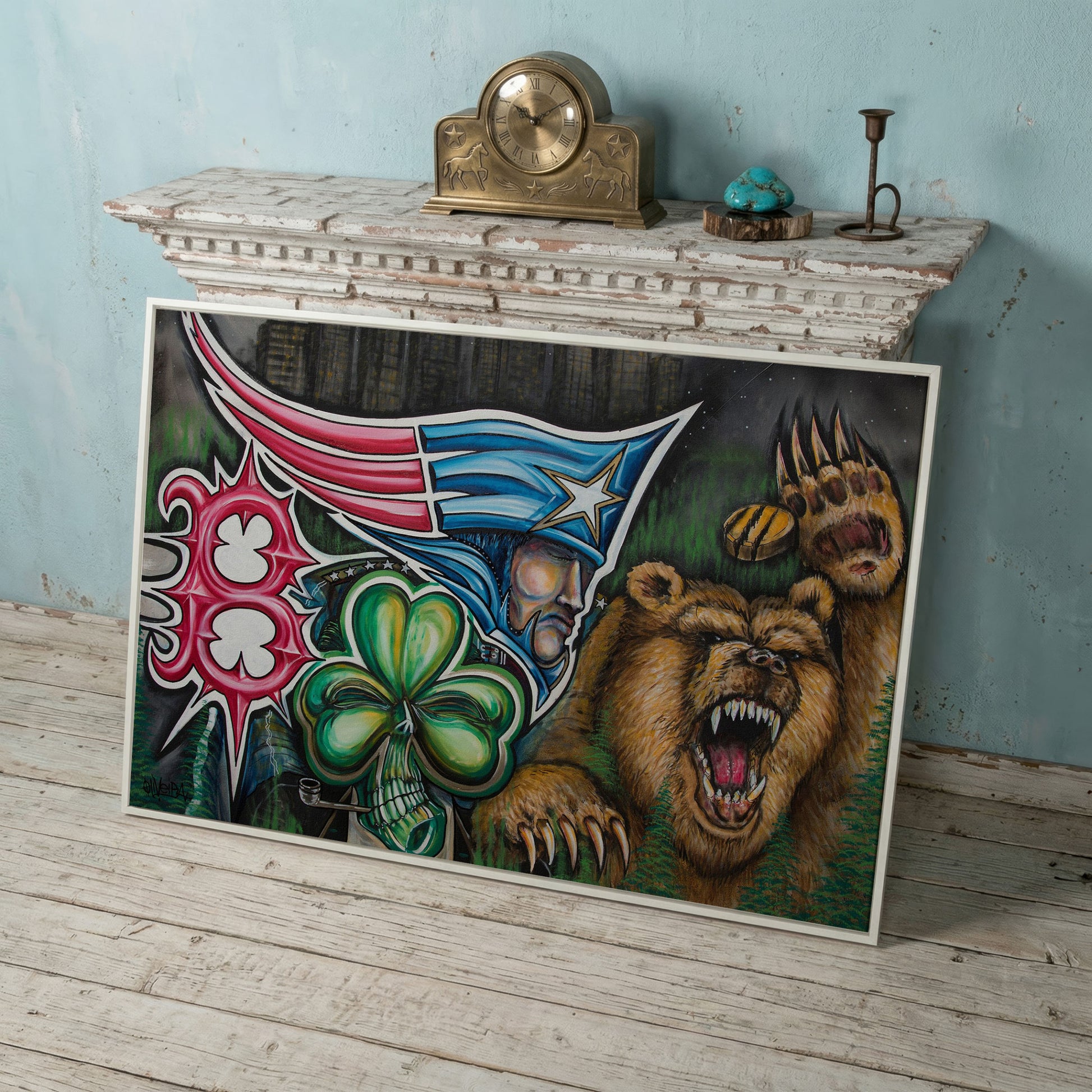 New England Patriots Surrealist Canvas Art with Bear and Flag in white floating frame