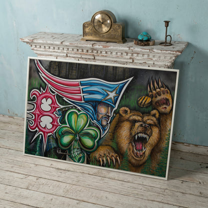 New England Patriots Surrealist Canvas Art with Bear and Flag in white floating frame