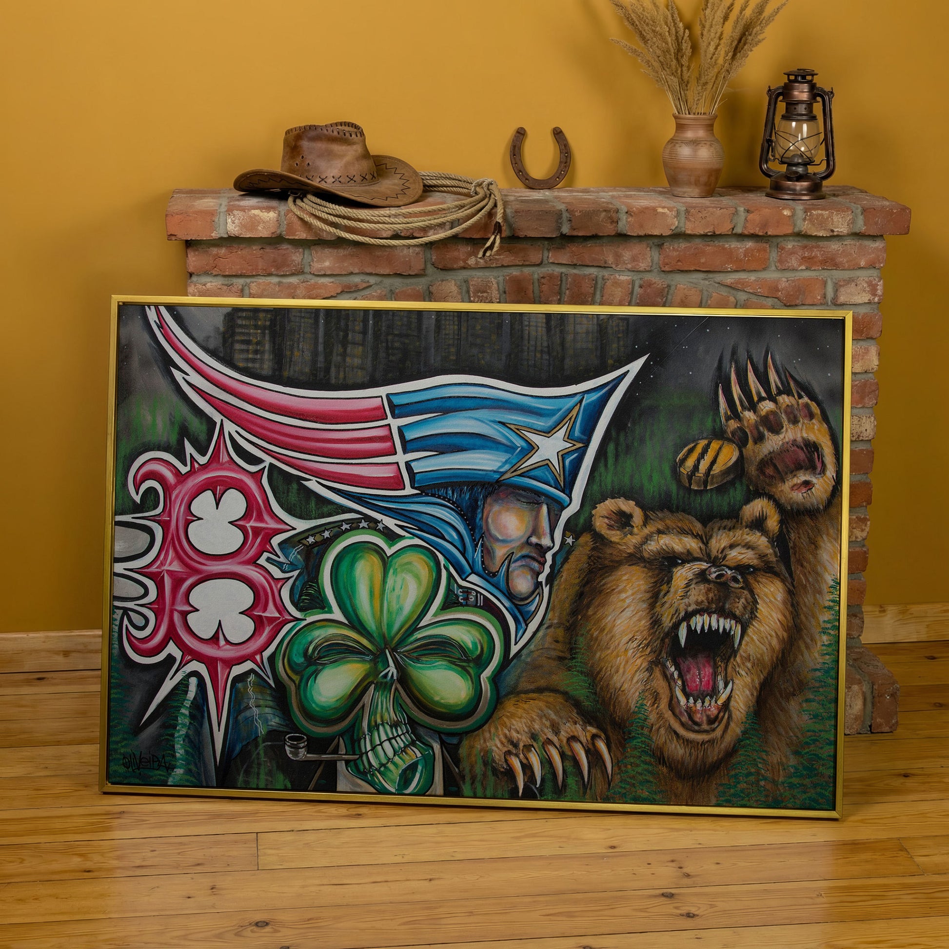 New England Patriots Surrealist Canvas Art with Bear and Flag in yellow gold floating frame
