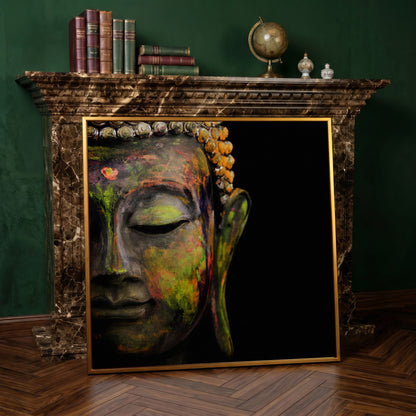 Serene Buddha Face Canvas Wall Art with Colorful Paint Detail in antique gold floating frame