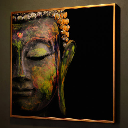 Serene Buddha Face Canvas Wall Art with Colorful Paint Detail shown in antique gold floating frame