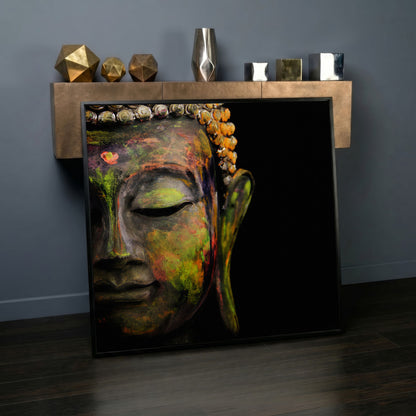 Serene Buddha Face Canvas Wall Art with Colorful Paint Detail in black floating frame