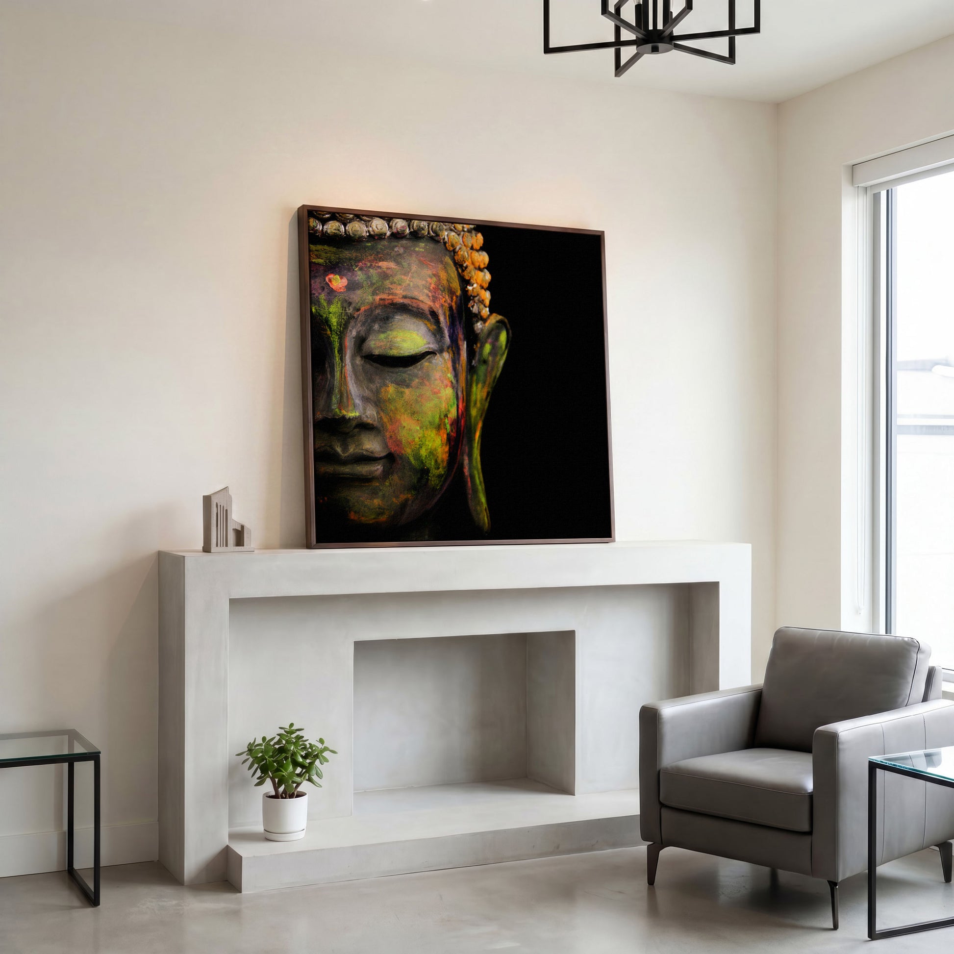 Serene Buddha Face Canvas Wall Art with Colorful Paint Detail in dark walnut floating frame