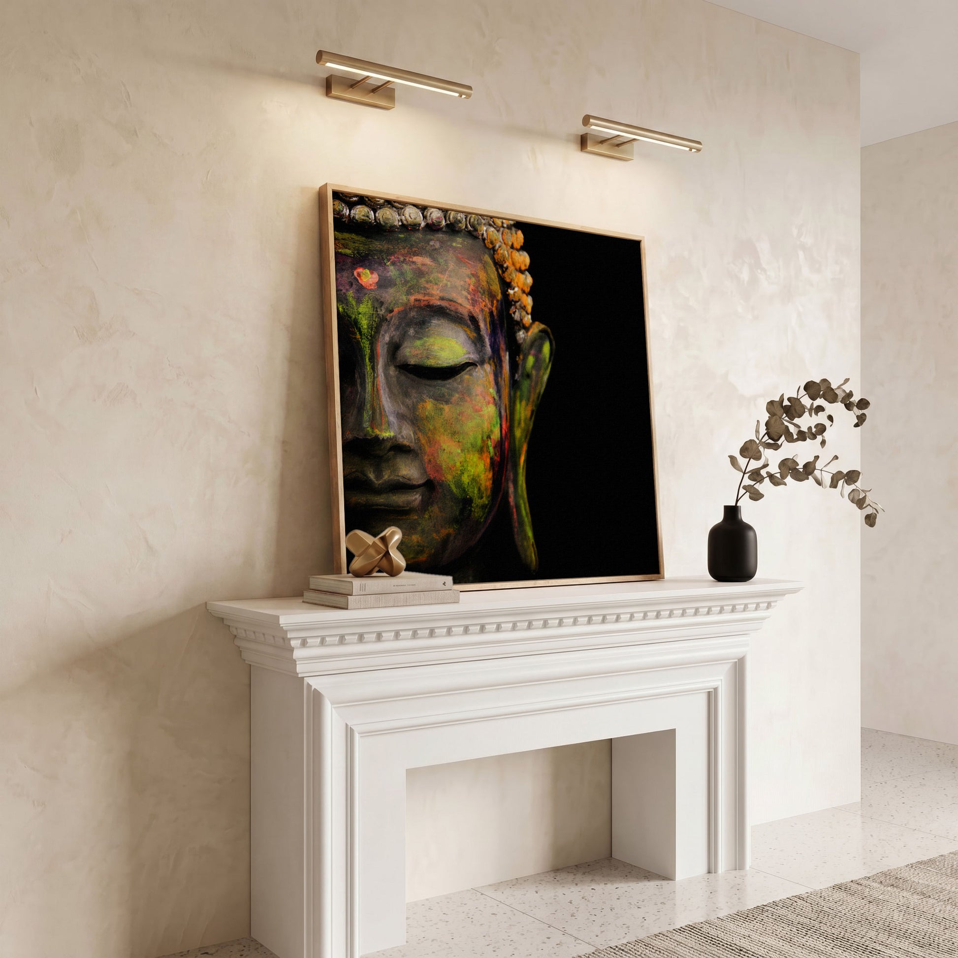 Serene Buddha Face Canvas Wall Art with Colorful Paint Detail in white oak floating frame