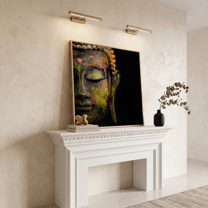 Serene Buddha Face Canvas Wall Art with Colorful Paint Detail in white oak floating frame