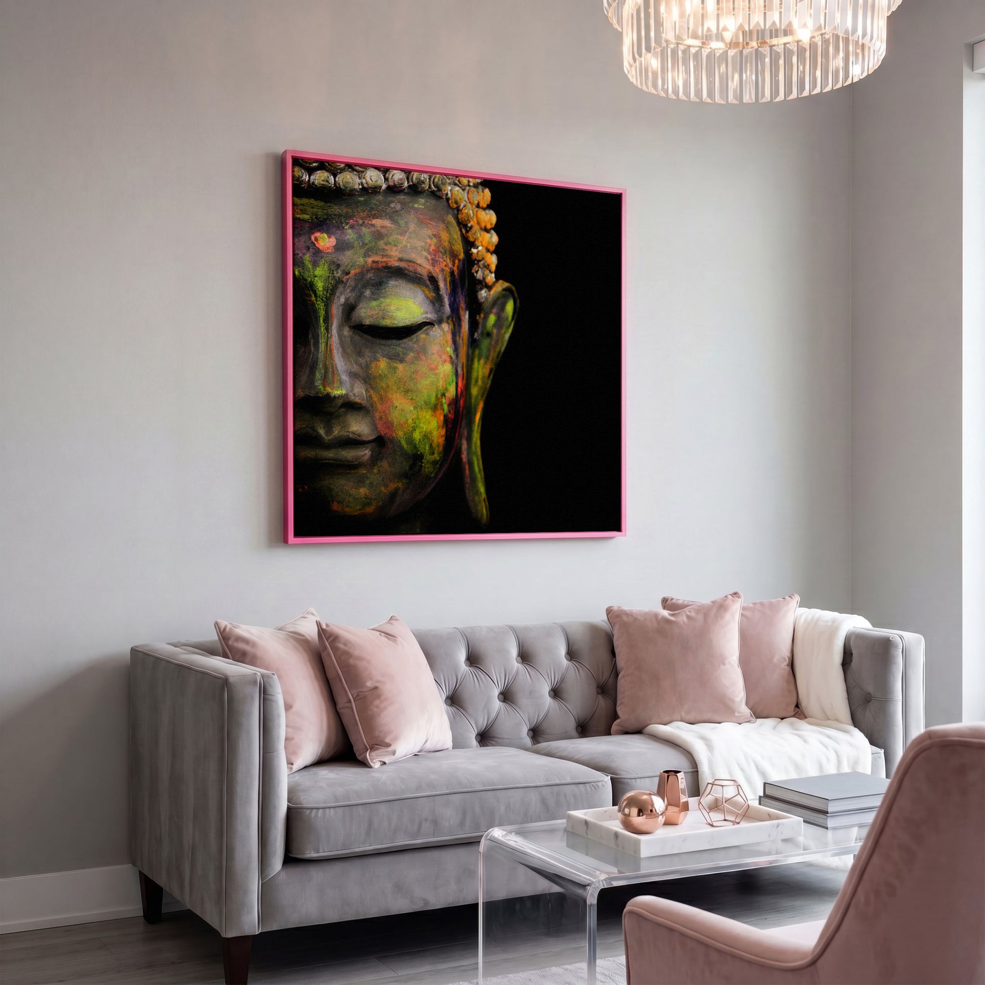 Serene Buddha Face Canvas Wall Art with Colorful Paint Detail in pink floating frame