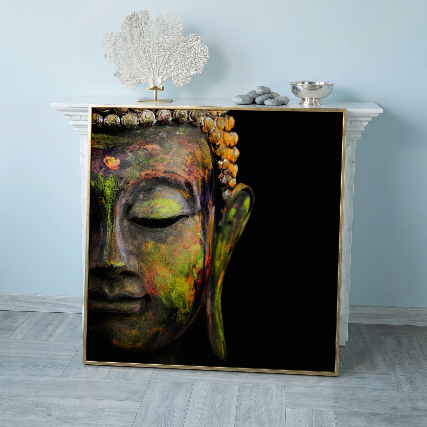 Serene Buddha Face Canvas Wall Art with Colorful Paint Detail in rose gold floating frame