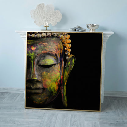 Serene Buddha Face Canvas Wall Art with Colorful Paint Detail in rose gold floating frame