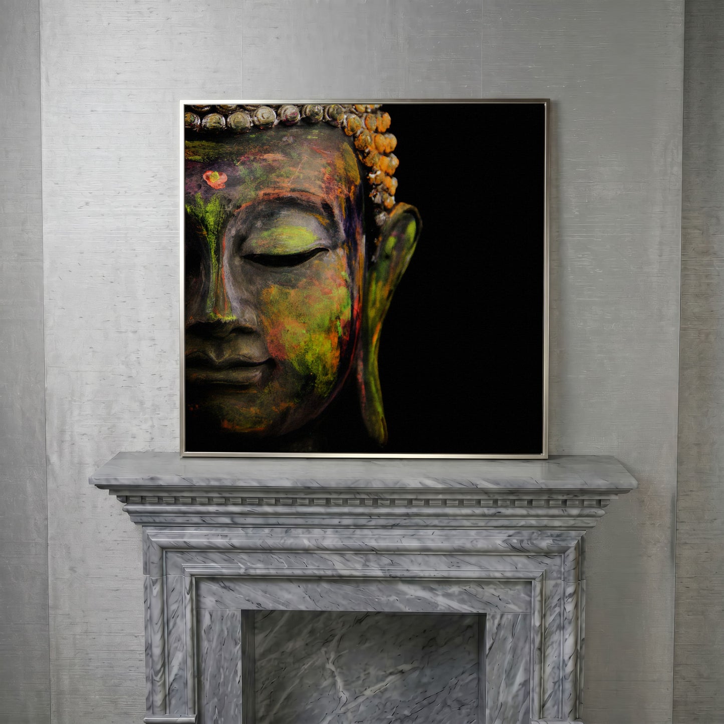 Serene Buddha Face Canvas Wall Art with Colorful Paint Detail in silver floating frame
