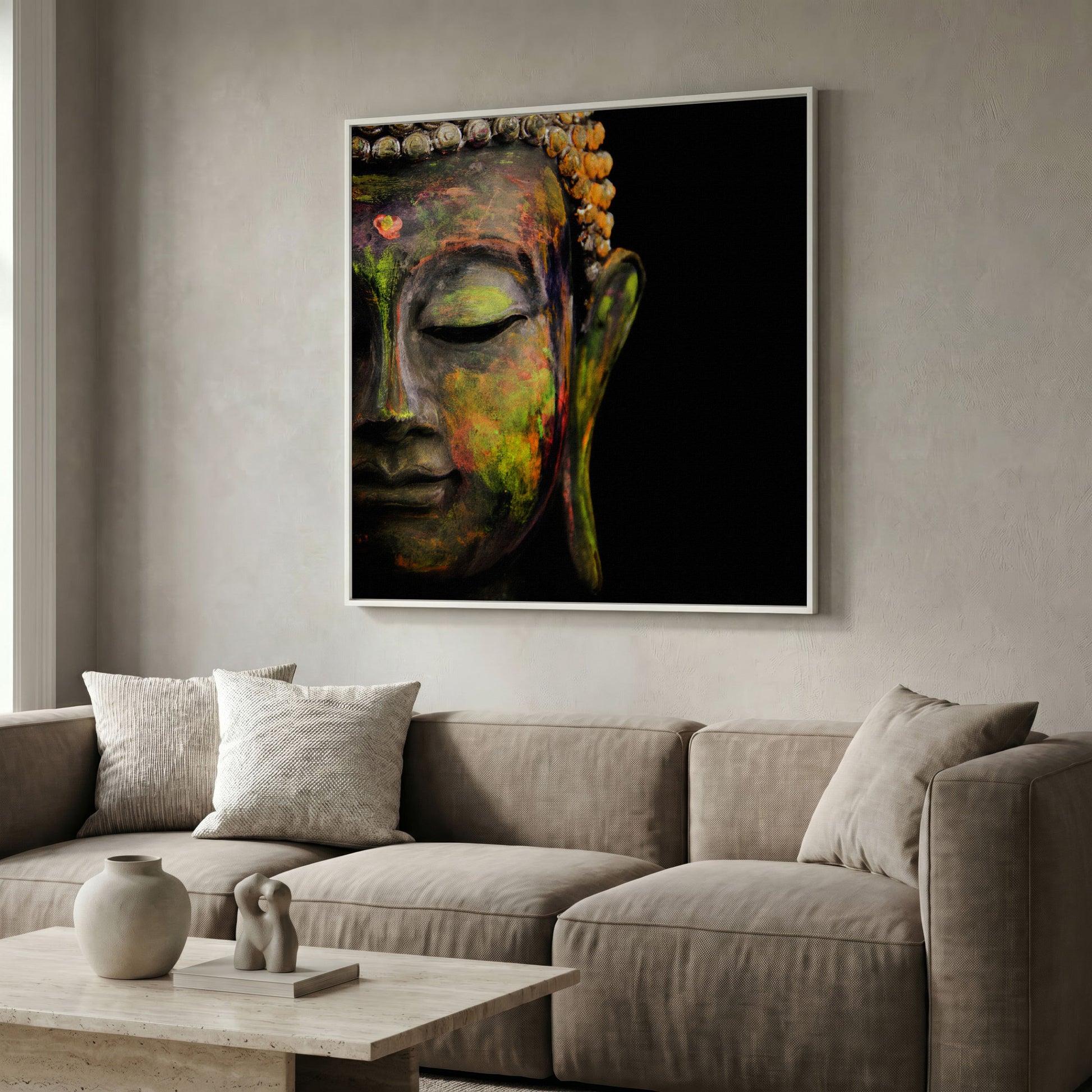 Serene Buddha Face Canvas Wall Art with Colorful Paint Detail in white floating frame