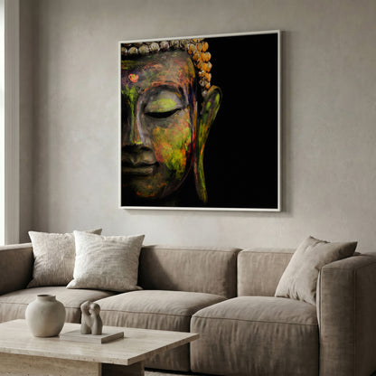 Serene Buddha Face Canvas Wall Art with Colorful Paint Detail in white floating frame