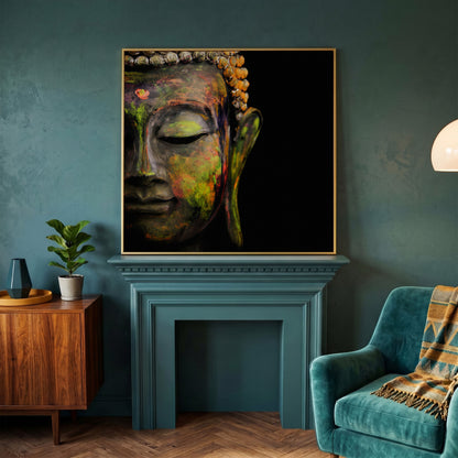 Serene Buddha Face Canvas Wall Art with Colorful Paint Detail in yellow gold floating frame