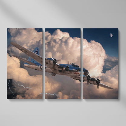 Boeing B-17 Flying Fortress in Storm Canvas Wall Art as 3-panel split version