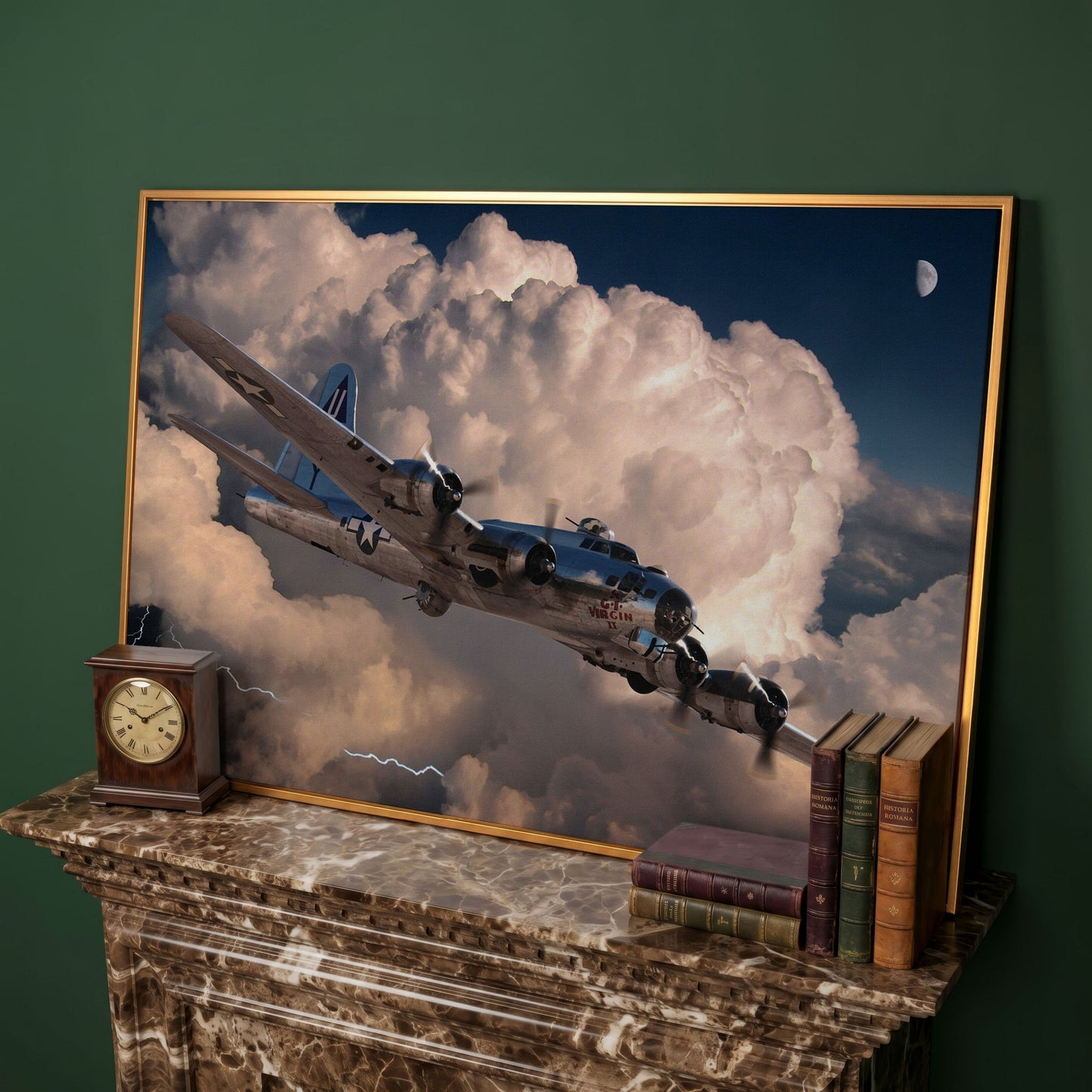 Boeing B-17 Flying Fortress in Storm Canvas Wall Art in antique gold floating frame