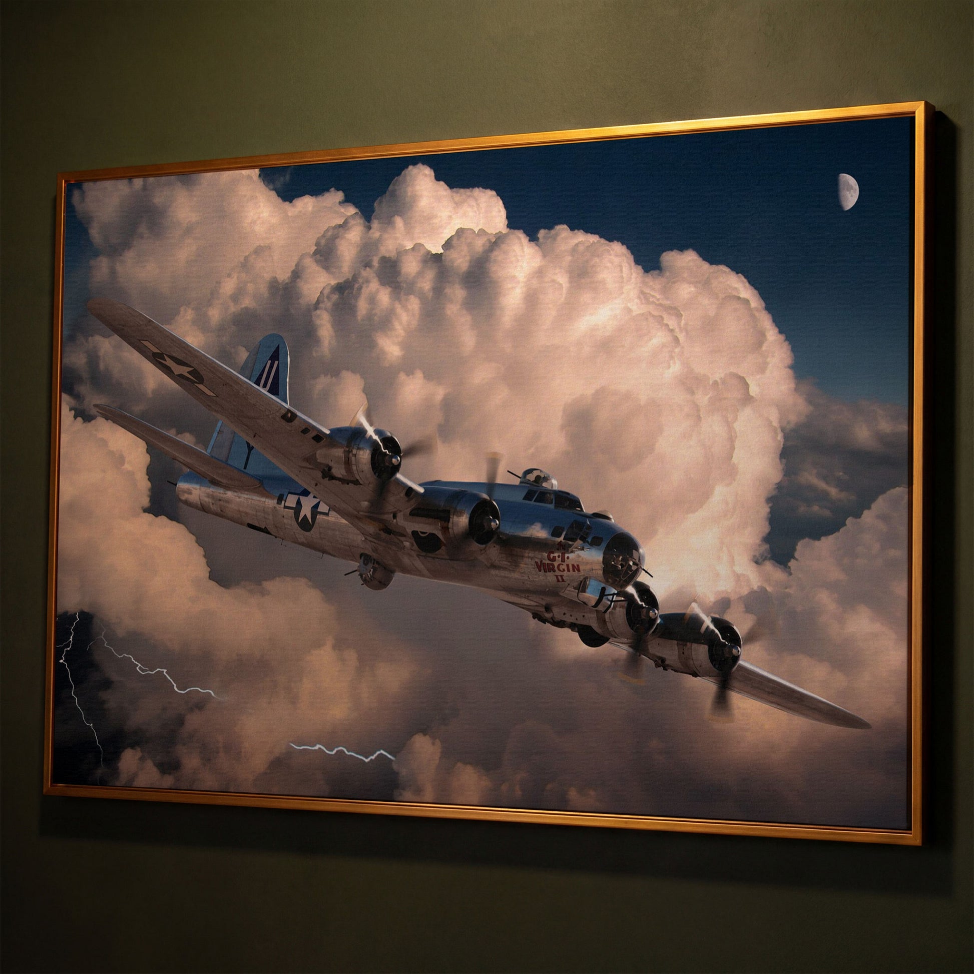 Boeing B-17 Flying Fortress in Storm Canvas Wall Art shown in antique gold floating frame