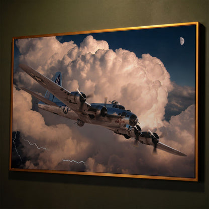 Boeing B-17 Flying Fortress in Storm Canvas Wall Art shown in antique gold floating frame