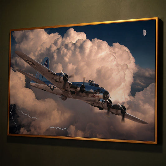 Boeing B-17 Flying Fortress in Storm Canvas Wall Art shown in antique gold floating frame