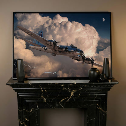 Boeing B-17 Flying Fortress in Storm Canvas Wall Art in black floating frame