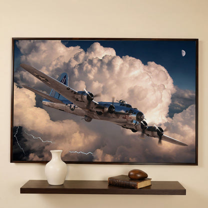 Boeing B-17 Flying Fortress in Storm Canvas Wall Art in dark walnut floating frame