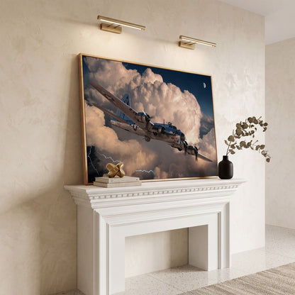 Boeing B-17 Flying Fortress in Storm Canvas Wall Art in white oak floating frame