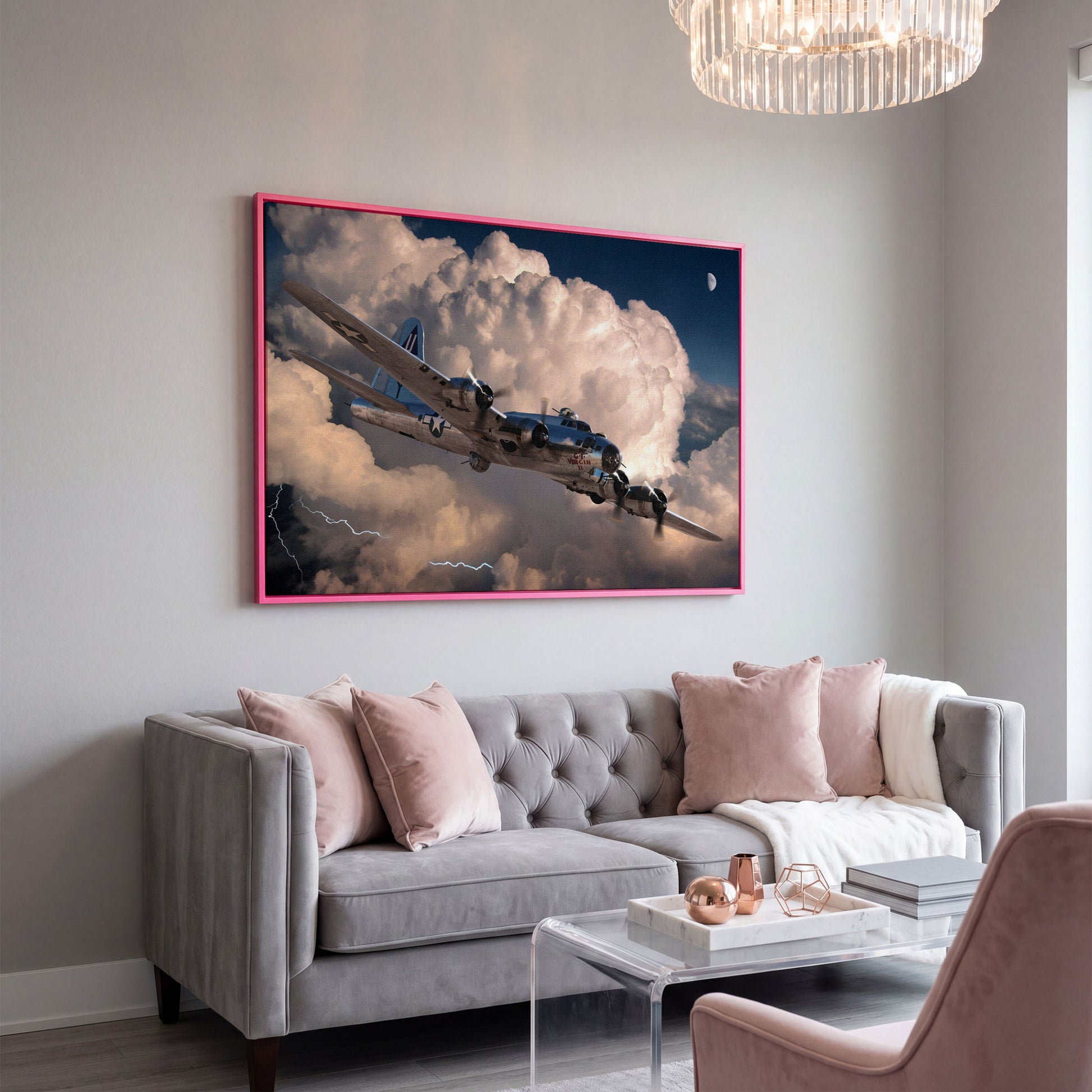 Boeing B-17 Flying Fortress in Storm Canvas Wall Art in pink floating frame