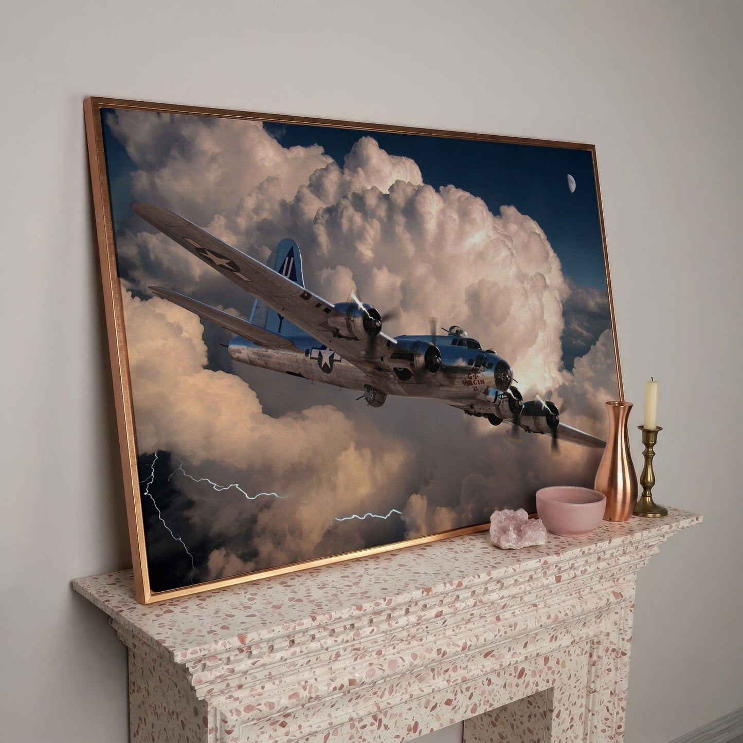 Boeing B-17 Flying Fortress in Storm Canvas Wall Art in rose gold floating frame