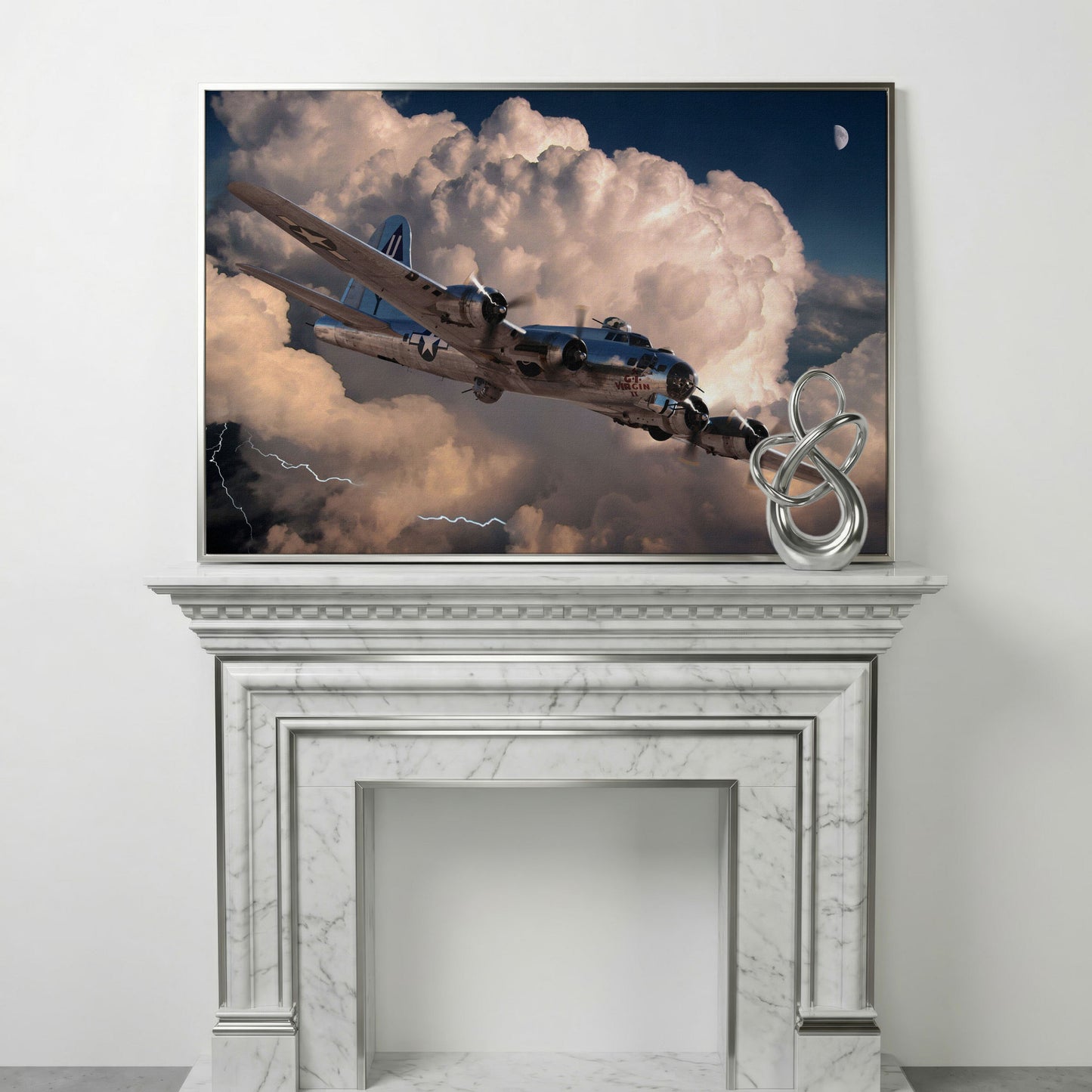 Boeing B-17 Flying Fortress in Storm Canvas Wall Art in silver floating frame