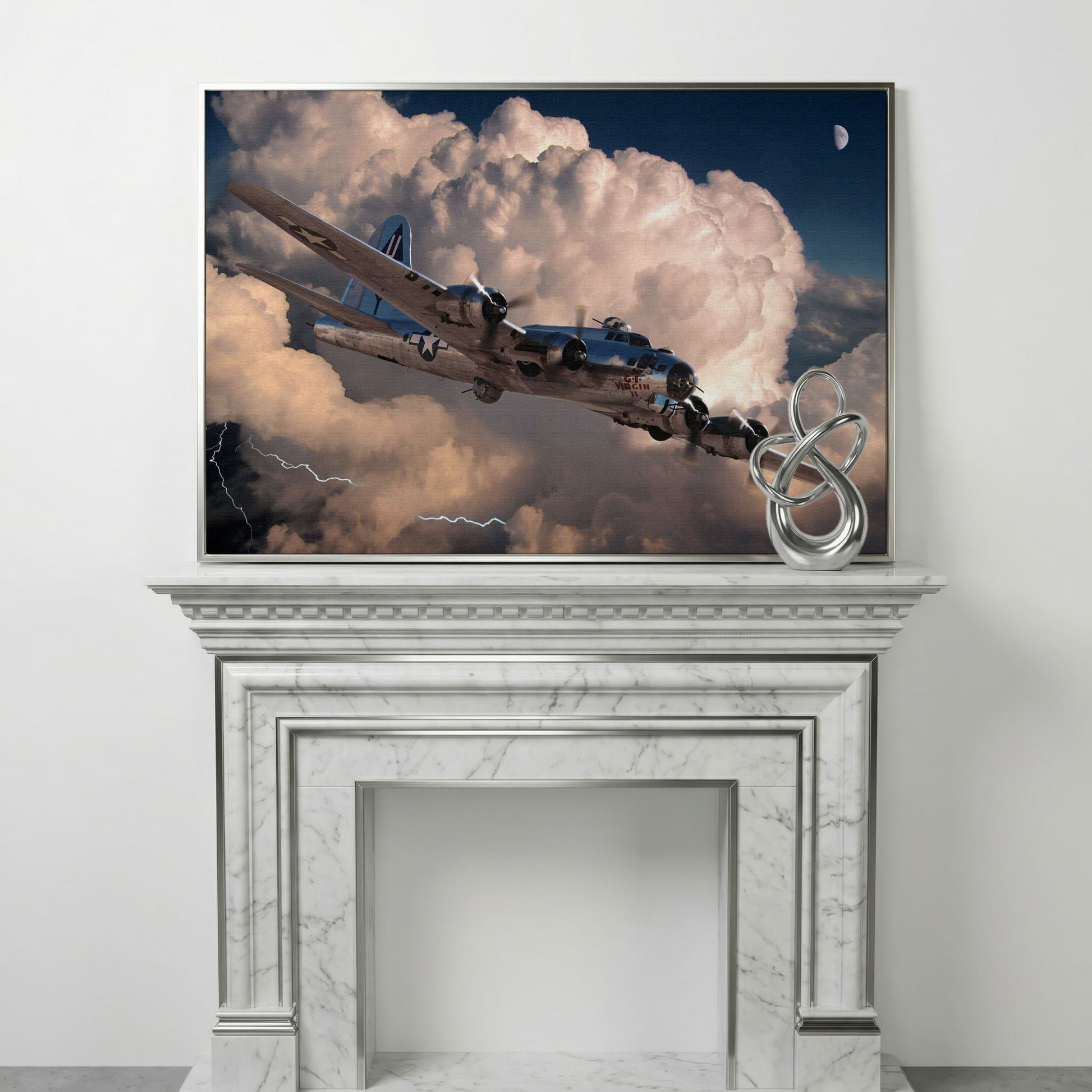 Boeing B-17 Flying Fortress in Storm Canvas Wall Art in silver floating frame