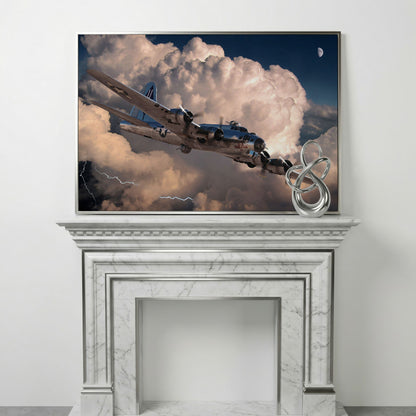 Boeing B-17 Flying Fortress in Storm Canvas Wall Art in silver floating frame