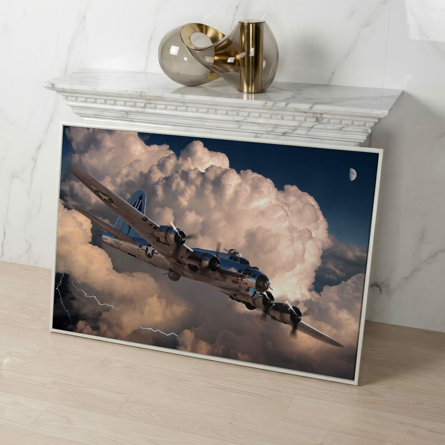 Boeing B-17 Flying Fortress in Storm Canvas Wall Art in white floating frame